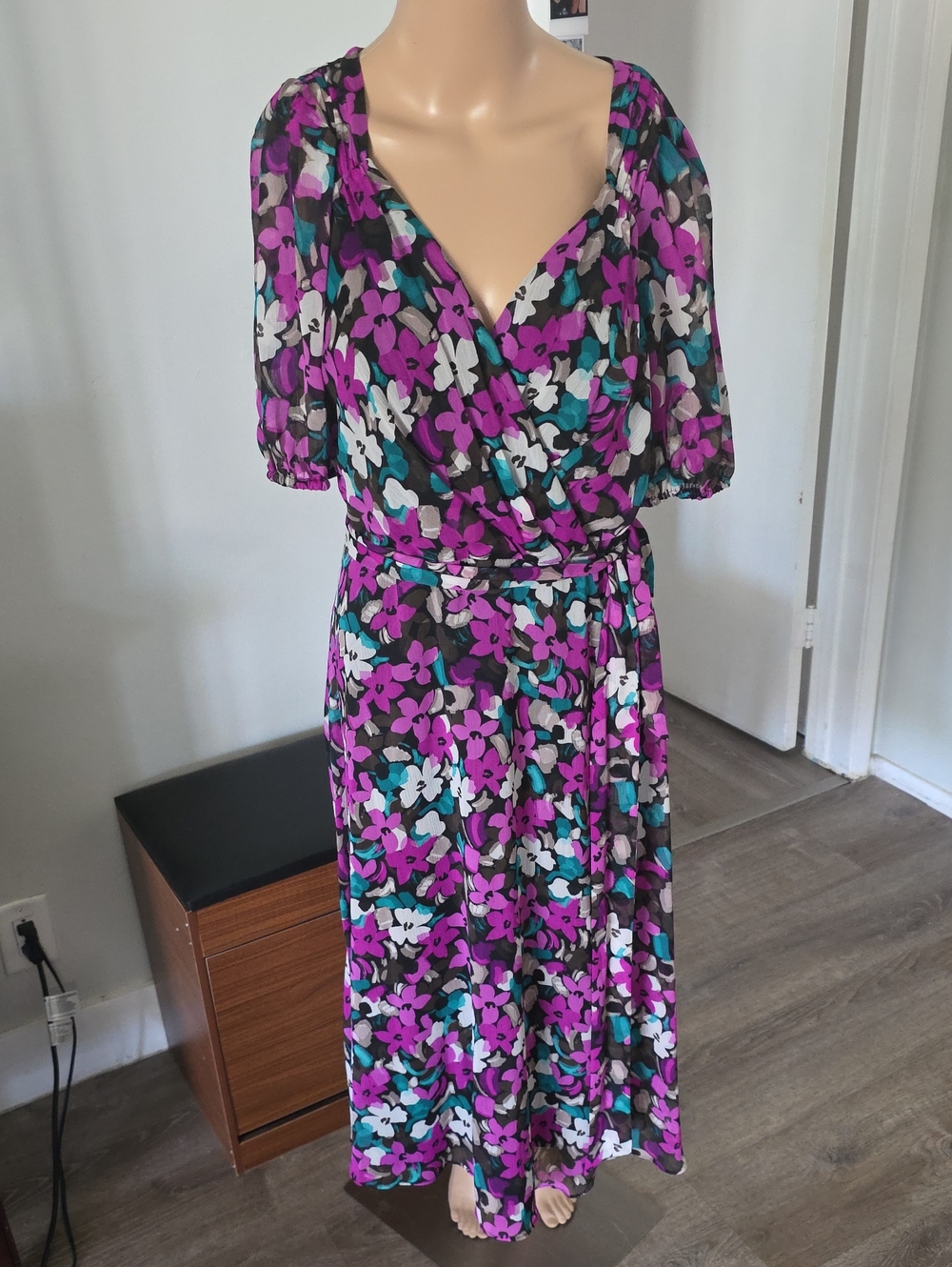 Dkny Floral Wrap Maxi Dress in Purple, Teal, White, and Black